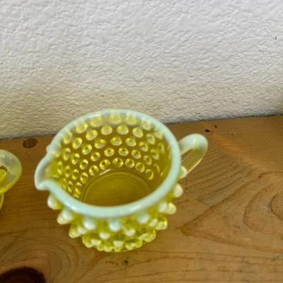 Fenton Yellow Topaz Vaseline Opalescent Hobnail Mini Creamer and Sugar 3 1/4 | Uranium Glass