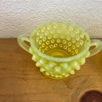 Fenton Yellow Topaz Vaseline Opalescent Hobnail Mini Creamer and Sugar 3 1/4 | Uranium Glass