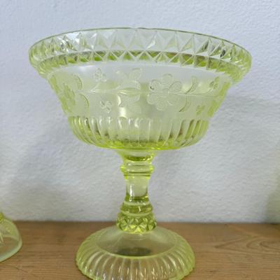 L.G. Wright Pedestal Lidded Compote Vaseline Uranium Canary Yellow Wildflower