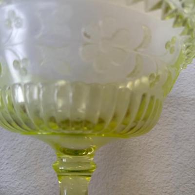 L.G. Wright Pedestal Lidded Compote Vaseline Uranium Canary Yellow Wildflower