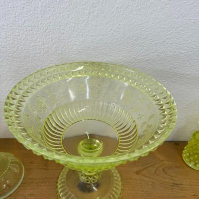L.G. Wright Pedestal Lidded Compote Vaseline Uranium Canary Yellow Wildflower
