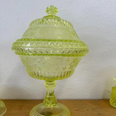 L.G. Wright Pedestal Lidded Compote Vaseline Uranium Canary Yellow Wildflower