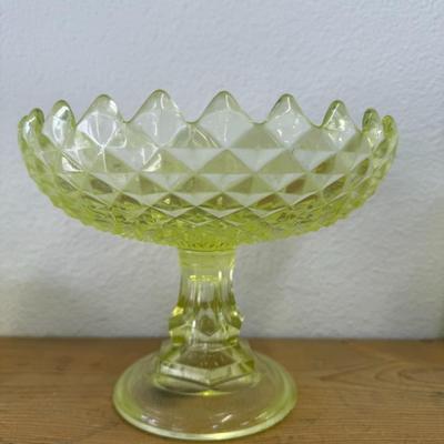 Vaseline Glass Buttons and Bows Centerpiece Compote, Vintage Yellow Uranium Glass