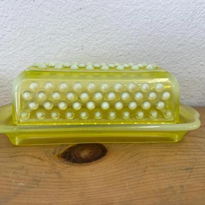 Rare Imperial Vaseline Opalescent Dewdrop Hobnail Butter Dish 
