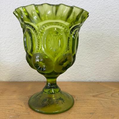 Vintage Green Glass L.E. Smith Moon & Stars Pedestal Candy Dish Compote