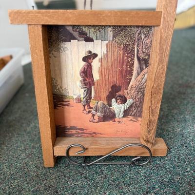 Lot of 2 Vintage Jim Daly Tom Sawyer Huckleberry Finn Lithograph Print, Rustic Wood Frame