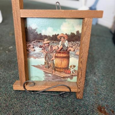 Lot of 2 Vintage Jim Daly Tom Sawyer Huckleberry Finn Lithograph Print, Rustic Wood Frame