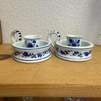 Vintage Set of Handpainted Blue Delft Candle Holders with handles Holland