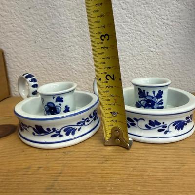 Vintage Set of Handpainted Blue Delft Candle Holders with handles Holland