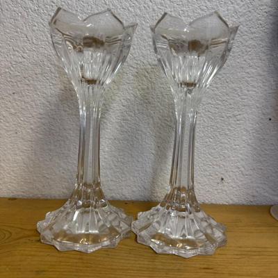 Gorham Crystal Candlestick Set Vintage Lotus Flower Shaped Glass Candle Holder Pair Two Candlesticks Table Decoration
