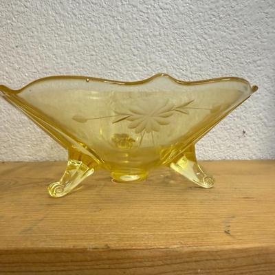 1930s Vintage Lancaster Yellow Depression Glass Three Footed Bow