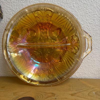 Vintage 8" Tiara Indiana Amber Iridescent Glass Divided Relish Serving Plate