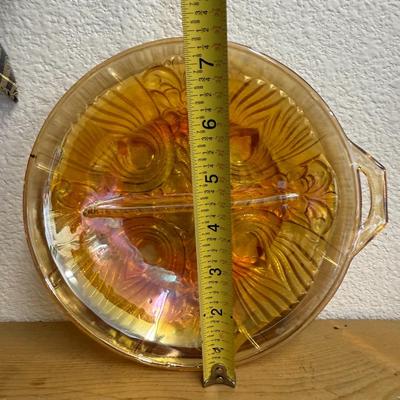 Vintage 8" Tiara Indiana Amber Iridescent Glass Divided Relish Serving Plate
