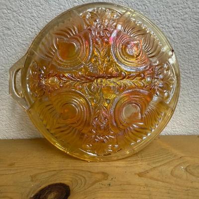 Vintage 8" Tiara Indiana Amber Iridescent Glass Divided Relish Serving Plate