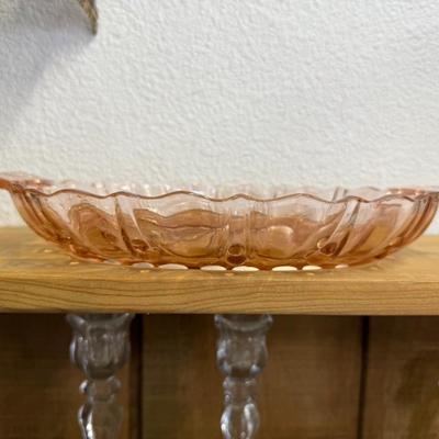Vintage (1930s) Anchor Hocking Divided Platter, pink depression glass, Oyster and Pearl pattern, with handles, for serving, display items
