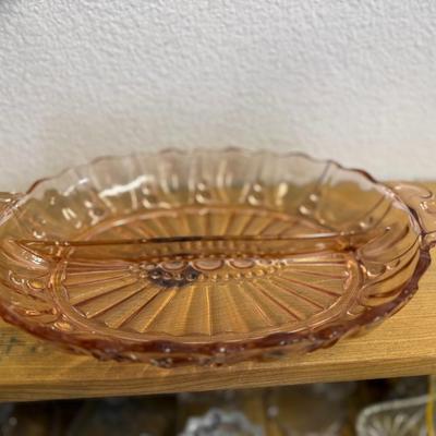 Vintage (1930s) Anchor Hocking Divided Platter, pink depression glass, Oyster and Pearl pattern, with handles, for serving, display items