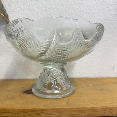 Vintage 80's Pressed Glass Fruit Bowl With Fruit & Leaf Pattern on Pedestal
