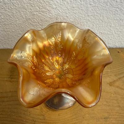 Fenton Carnival Glass Marigold RIB & HOLLY SPRIG Crimped/Ruffled Compote