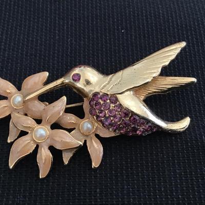Vintage Rhinestone Brooch Hummingbird