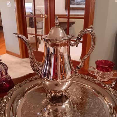 SILVER PLATED ONEIDA COFFEE SERVICE AND TRAY PLUS CREAM/SUGAR SET AND A BELL