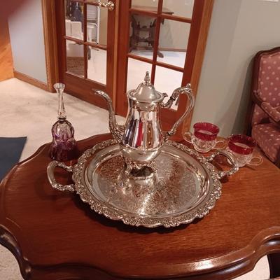 SILVER PLATED ONEIDA COFFEE SERVICE AND TRAY PLUS CREAM/SUGAR SET AND A BELL