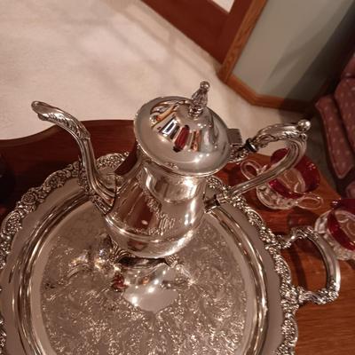 SILVER PLATED ONEIDA COFFEE SERVICE AND TRAY PLUS CREAM/SUGAR SET AND A BELL