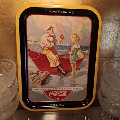 12 TIARA GLASS DESSERT PEDESTAL BOWLS AND A TIN COCA-COLA TRAY
