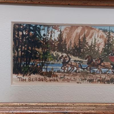BARBED WIRE SAMPLER & A SMALL WATERCOLOR "4 HORSE STAGE" BY TOM BERGER