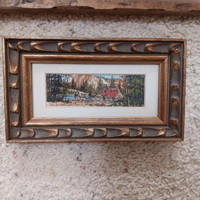 BARBED WIRE SAMPLER & A SMALL WATERCOLOR "4 HORSE STAGE" BY TOM BERGER