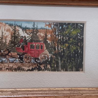 BARBED WIRE SAMPLER & A SMALL WATERCOLOR "4 HORSE STAGE" BY TOM BERGER