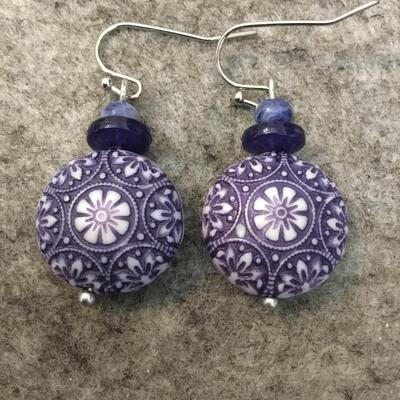 Floral chinoiserie faux porcelain blue and white earrings