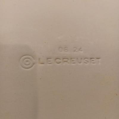 LE CREUSET BAKING DISH AND A SMALL CLAY PITCHER