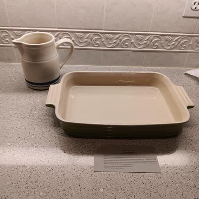 LE CREUSET BAKING DISH AND A SMALL CLAY PITCHER