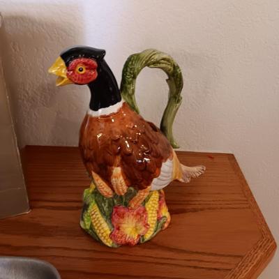 FITZ & FLOYD HARVEST FOWL PITCHER AND A WILTON PEWTER PLATE