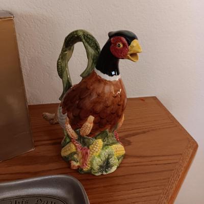FITZ & FLOYD HARVEST FOWL PITCHER AND A WILTON PEWTER PLATE