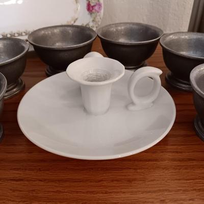 6 PEWTER SHERBET CUPS, CANDLE HOLDER W/SNUFFER, CHINA RELISH DISH AND A SOAP DISPENSER
