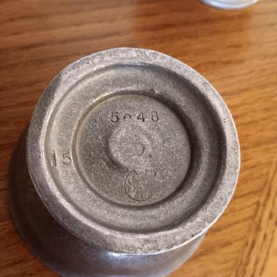 6 PEWTER SHERBET CUPS, CANDLE HOLDER W/SNUFFER, CHINA RELISH DISH AND A SOAP DISPENSER