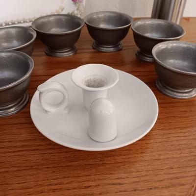 6 PEWTER SHERBET CUPS, CANDLE HOLDER W/SNUFFER, CHINA RELISH DISH AND A SOAP DISPENSER