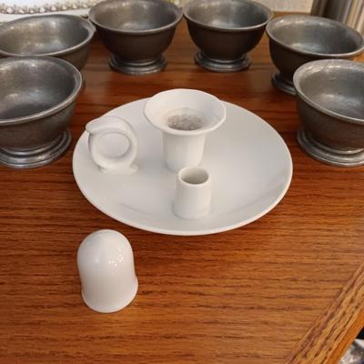6 PEWTER SHERBET CUPS, CANDLE HOLDER W/SNUFFER, CHINA RELISH DISH AND A SOAP DISPENSER