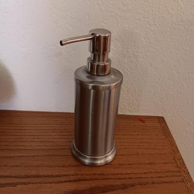 6 PEWTER SHERBET CUPS, CANDLE HOLDER W/SNUFFER, CHINA RELISH DISH AND A SOAP DISPENSER