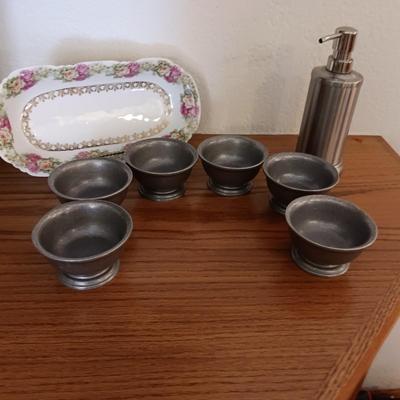 6 PEWTER SHERBET CUPS, CANDLE HOLDER W/SNUFFER, CHINA RELISH DISH AND A SOAP DISPENSER