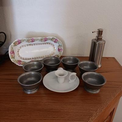 6 PEWTER SHERBET CUPS, CANDLE HOLDER W/SNUFFER, CHINA RELISH DISH AND A SOAP DISPENSER