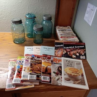 4 OLD CANNING JARS, A LARGE WOODEN BOX OF RECIPES AND RECIPE PAMPHLETS