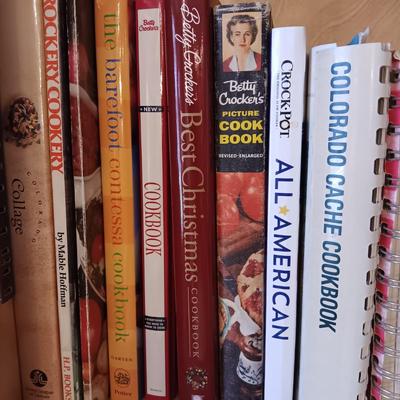 COOKBOOKS AND A PAIR OF BRASS DUCK BOOKENDS