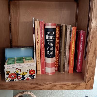 COOKBOOKS AND 2 BOXES FULL OF RECIPES
