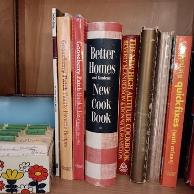 COOKBOOKS AND 2 BOXES FULL OF RECIPES