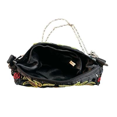 USED - Black Silk Floral Embroidered Boho Evening Bag w/Multi Color Beads, Roses & Greenery w/Silver Chain Strap