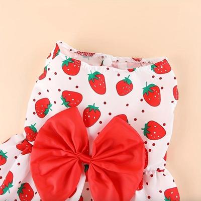 Size Small - Strawberry Pattern Dog or Cat Dress for Small to Medium Dogs - Red Bow Detail & Easy Snap Closure, Dog Dress