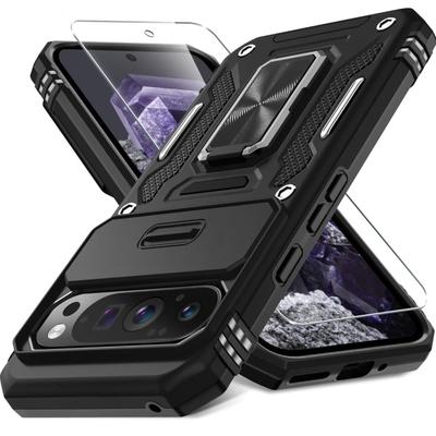 Case for Google Pixel 9 Pro with Slide Camera Cover, Rotated Ring Kickstand Military Grade Shockproof Protective Cover-Black