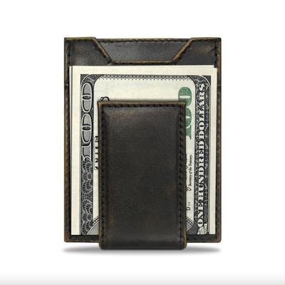 Ole Miss Rebels Men's Collegiate Magnetic Front Pocket Leather Wallet. Brown Burnished Full Grain Finish With Large Debossed Logo